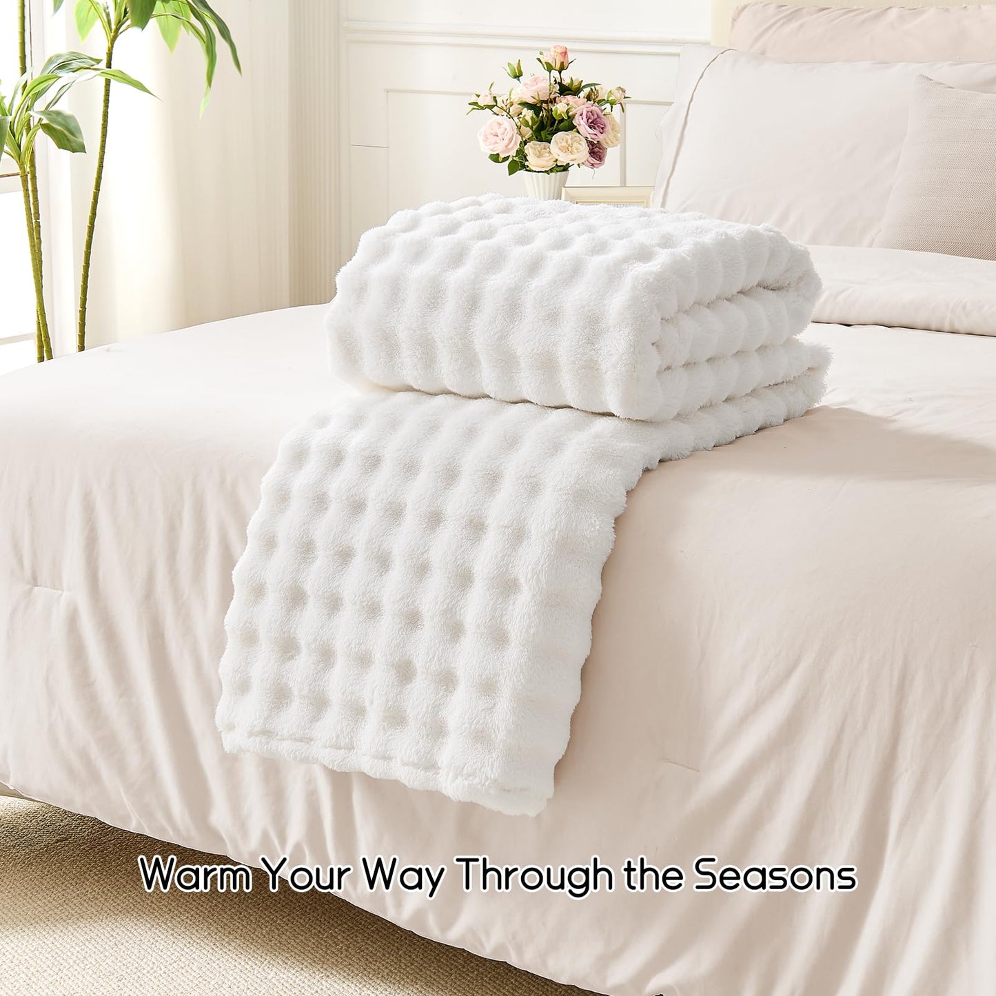 Lotus Karen 3D Bubble Fleece Blanket for Couch - Ultra Soft Fluffy White Twin Blanket for Sofa Bedroom, Lightweight Cozy Throw for All Season, Adults Women Kids Off White, 60"x80"