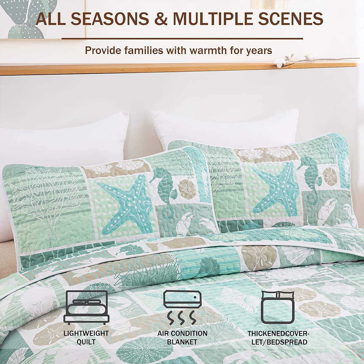 DJY 3 Pieces Quilt Set King Coastal Green Theme Quilt Coverlet Set Beach Reversible Bedspread with 2 Pillow Shams Soft Microfiber Coastal Bedding Quilt Set for All Season 104"x90"
