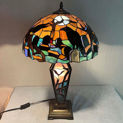 Bieye L10987 Ravens in Spooky Cemetery Tiffany-Style Stained Glass Table Lamp with Coffin Base Night Light - Gothic Graveyard Scene (Dark Orange, 16Wx26H inch)