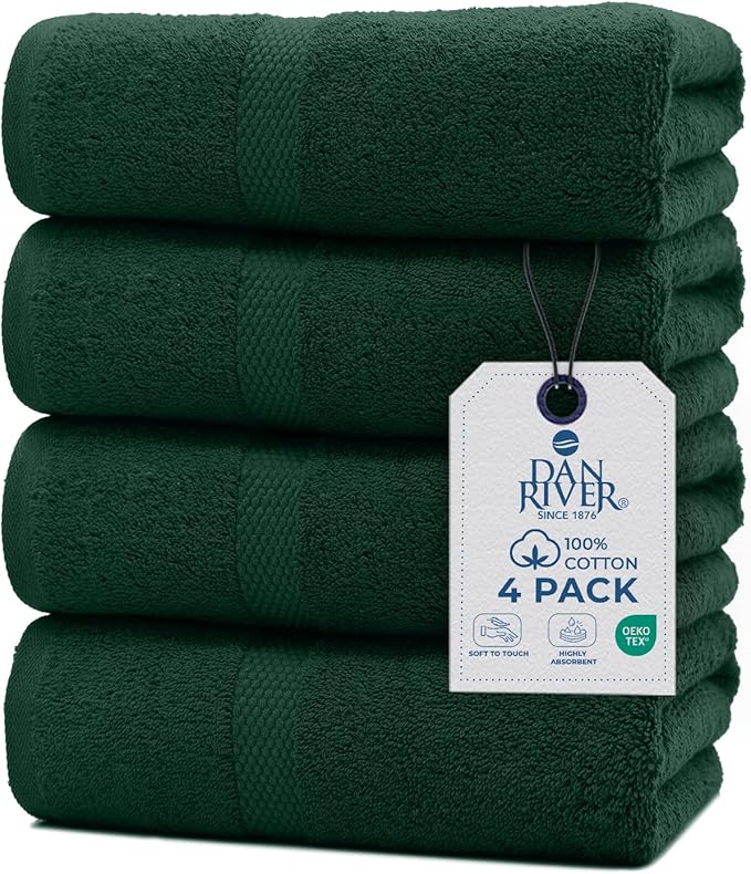 DAN RIVER Bath Towels Set of 4, 27 x 54 Inches, 100% Cotton, Larger & Lighter