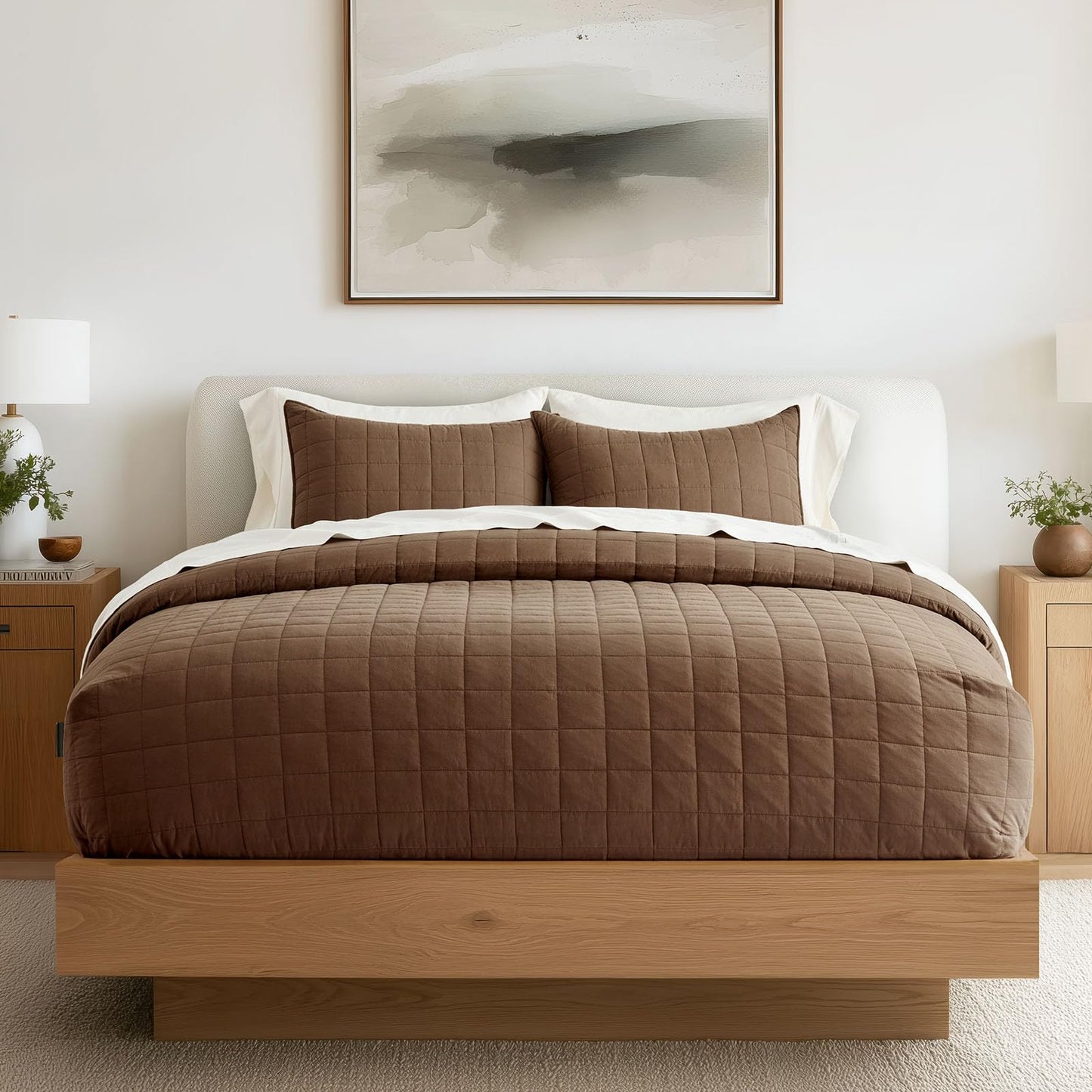 EVERGRACEHOME 100% Cotton Box Stitch Quilt Bedding Set Queen Size 3 Pieces, Garment-Washed Lightweight Soft Cozy Coverlet, Quilted Bedspread Sets with 2 Shams for All Season, Sienna Brown