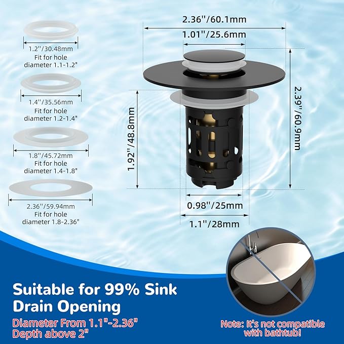 Hibbent 2 Pack 3 in 1 Bathroom Sink Drain Strainer, Universal Pop Up Stopper