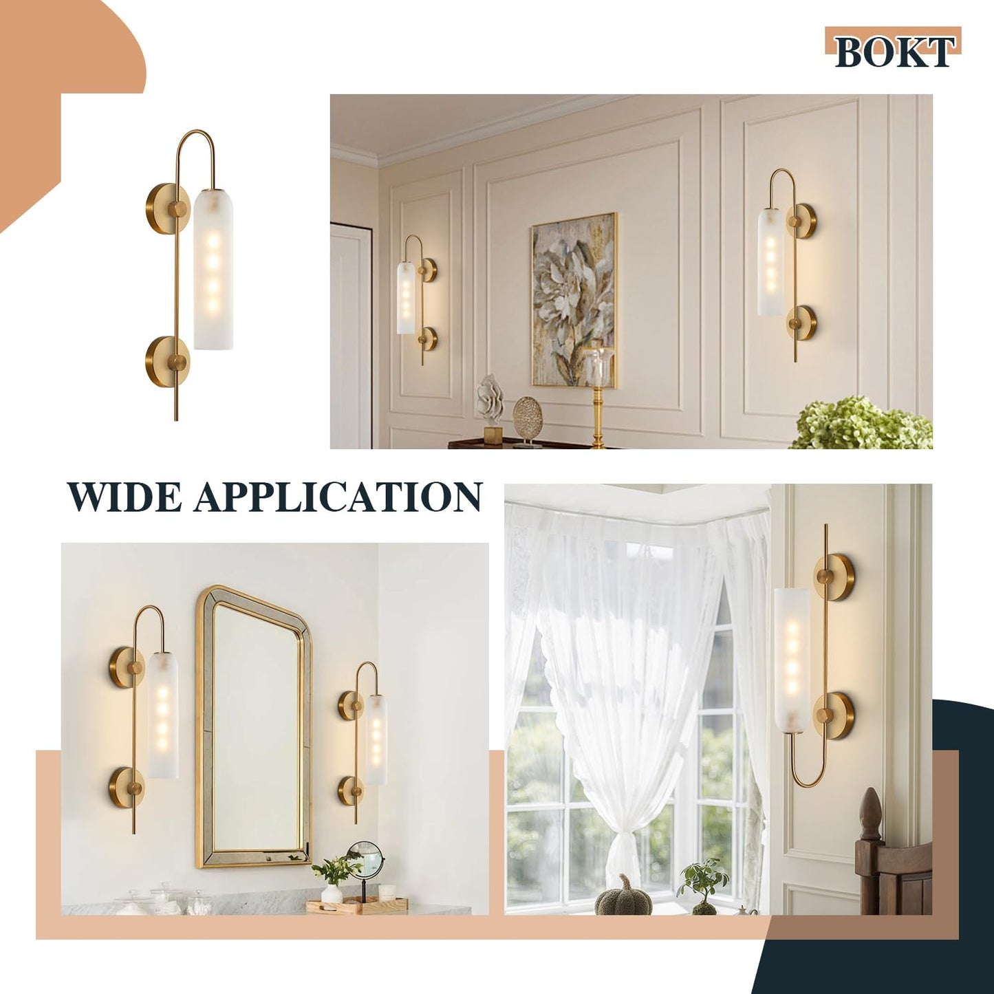 BOKT Mid Century Modern 1-Light Wall Mounted Light Brushed Gold Metal Wall Sconce Lighting Minimalist Anti Brass Wall Sconce Lamp White Glass Bathroom Vanity Light Fixture (White)