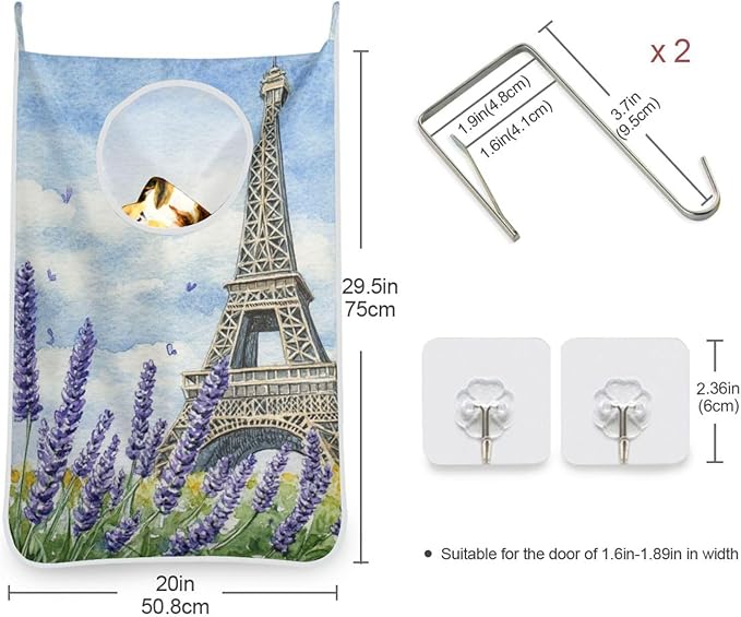 Hanging Laundry Hamper with Stainless Steel Hooks, Oxford Fabric Printing Door
