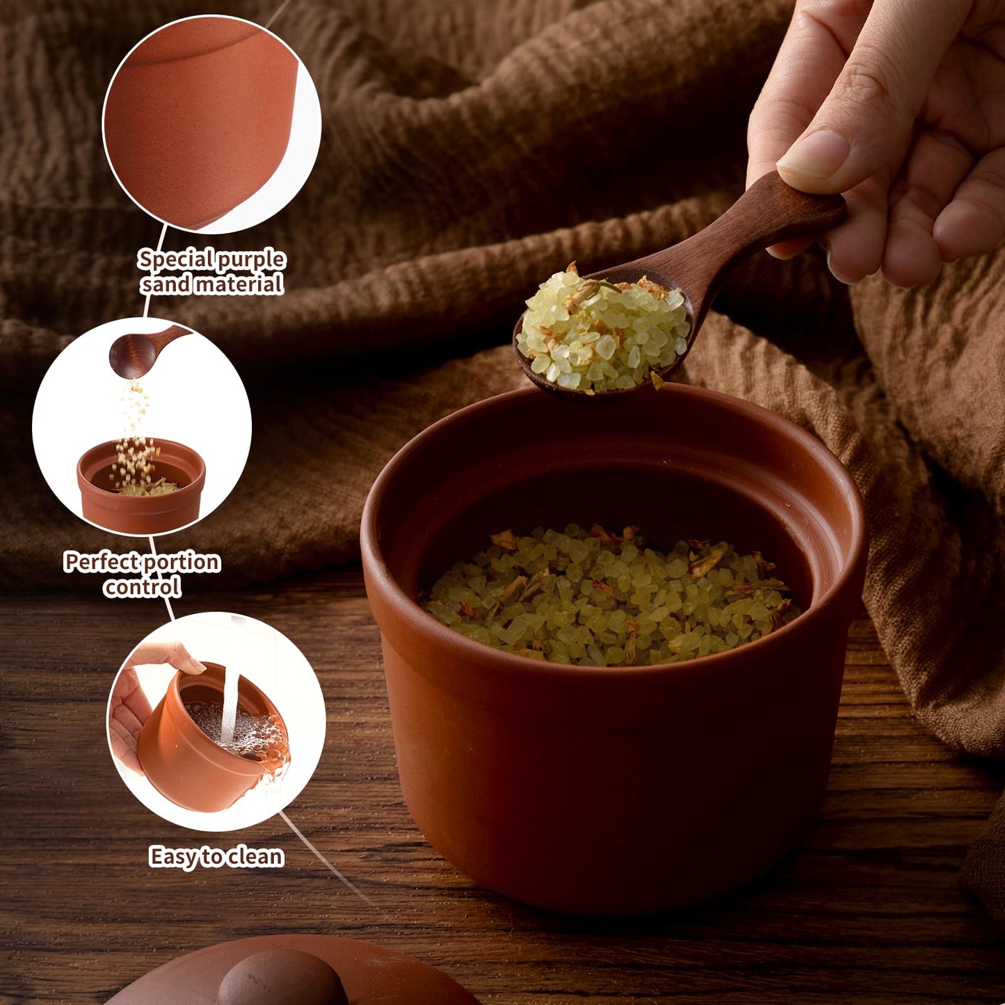 Maxdot 2 Pcs Salt Cellar with Lid and Wooden Spoon, 8 oz, Handcrafted Zisha Clay Salt Container Heavyweight Spices Jar Housewarming Gift for Kitchen Countertop, Kosher, Sea, Sugar, Keeps Spices Dry