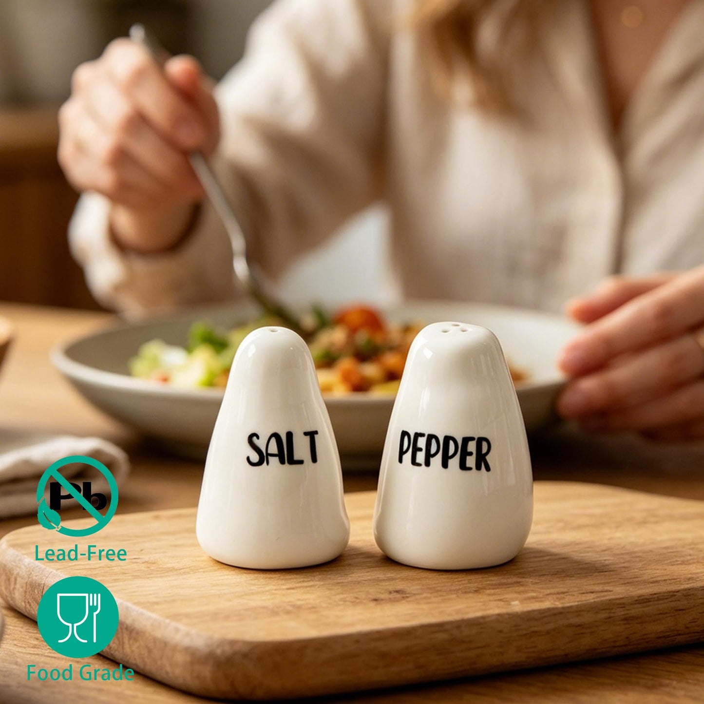 YumiPLUS Ceramic Salt and Pepper Shakers Set of 2, Small Porcelain Seasoning Jars, Mini White Spice Shakers for travel/BBQ/salad/beef, Unique Farmhouse style Kitchen Decor, Cute Housewarming gift