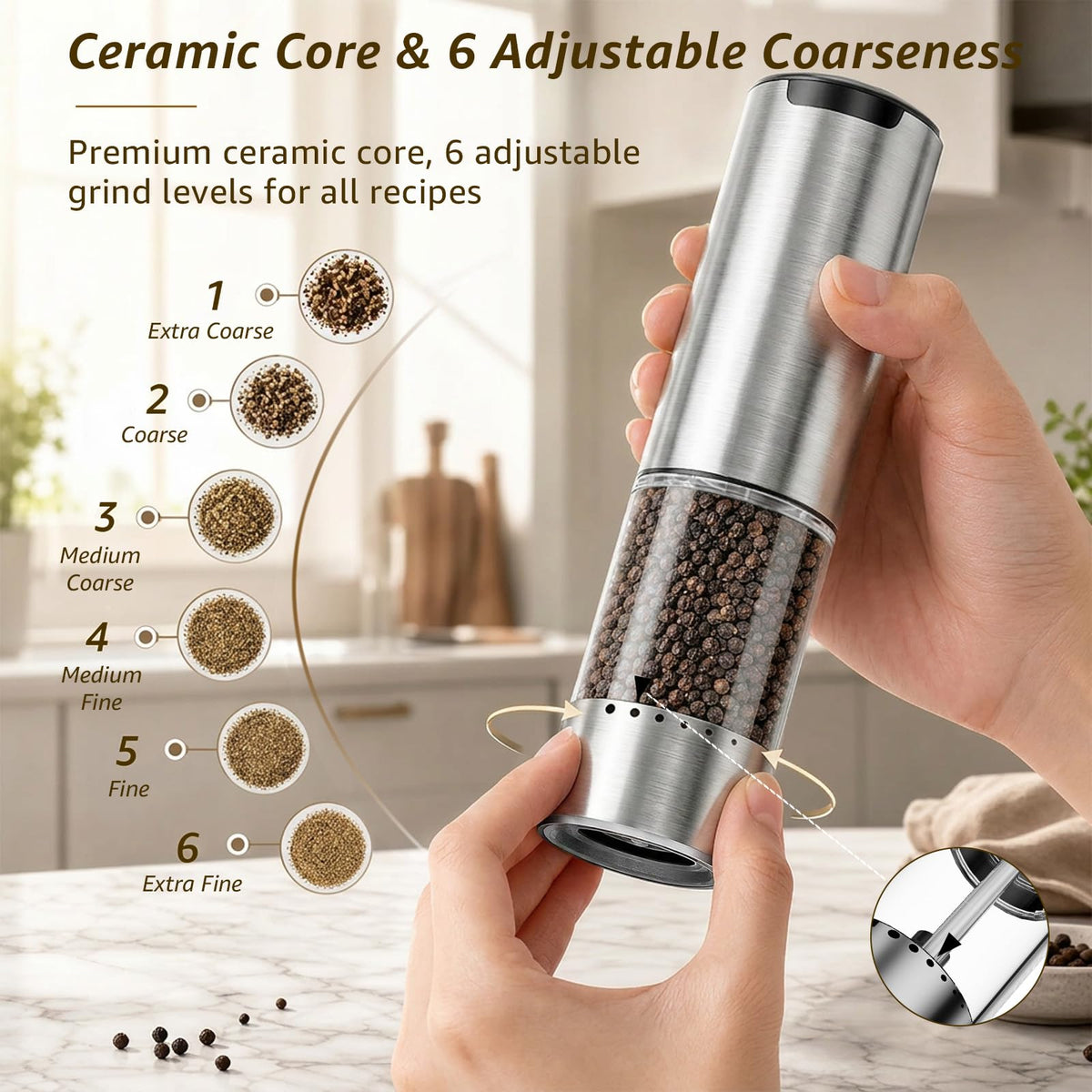 QTDHG Electric Salt and Pepper Grinder Set Type-C Fast Charging, Automatic Salt and Pepper Shakers Adjustable Coarseness, Stainless Steel Rechargeable Salt and Pepper Grinder with LED Light