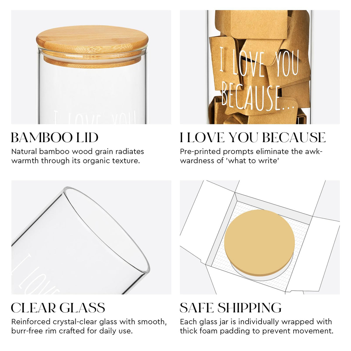 AW BRIDAL 50 Blank Love Notes Memory Jar, Anniversary Birthday Gifts for Boyfriend Girlfriend Husband Wife Mom Dad Friends, Couple Gifts Love You Because Jar for Engagement Bridal Wedding Registry