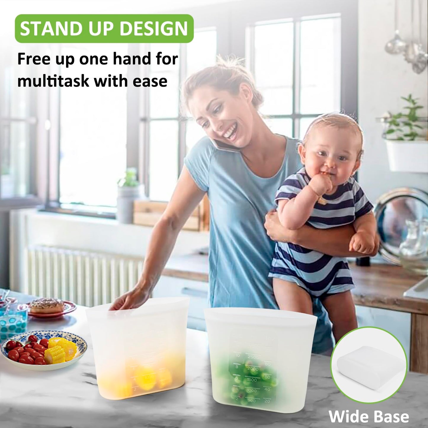 Reusable Food Bags, 12 Pack 100% Silicone Food Storage Bags Stand Up Zip Lock Container, Freezer Microwave Oven Dishwasher Safe, 4 Medium 4 Small 4 Extra Small, Aqua