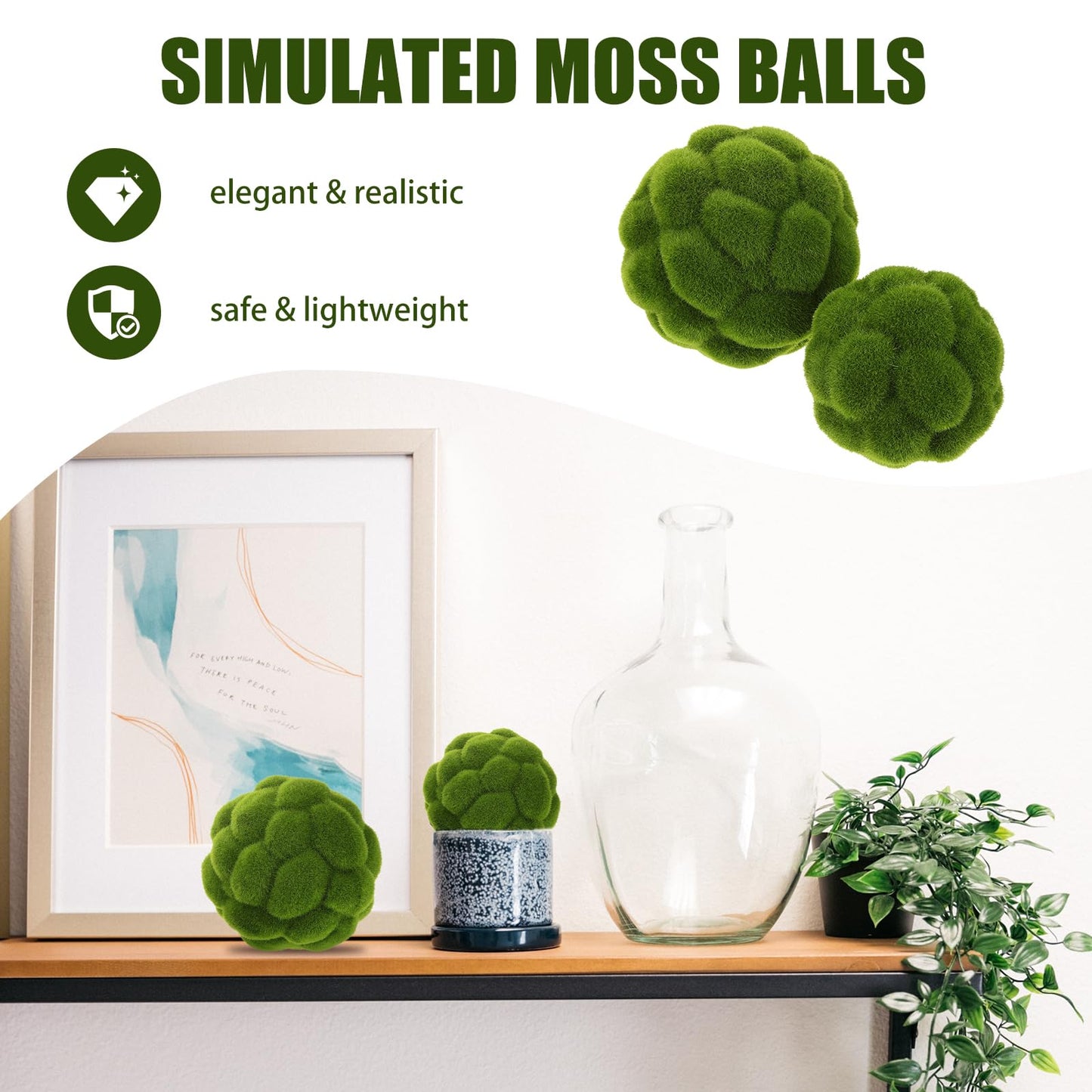 DOITOOL Green Moss Balls Decorative for Bowls - 4 Pcs Fake Moss Balls Faux Decorative Spheres for Bowl Fillers, Vase Filler, Wedding Decor, Table Arrangement, DIY Crafts (3.9" + 4.7")