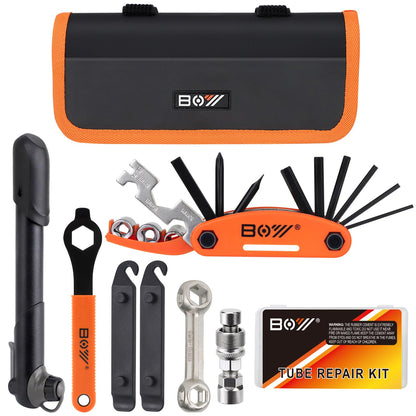 Bicycle Repair Bag With Tire Pump, Portable Tool Kit for Camping Travel - Bike Glueless Patches, Maintenance Essentials All in One Safety Kit