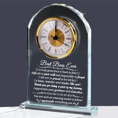 Arikyrist Boss Gifts for Men Women Glass Clock for Best Boss, Crystal Appreciation Gift for Bosses Day Birthday Going Away Farewell Thank You Retirement Keepsakes for Female Male Home Decor