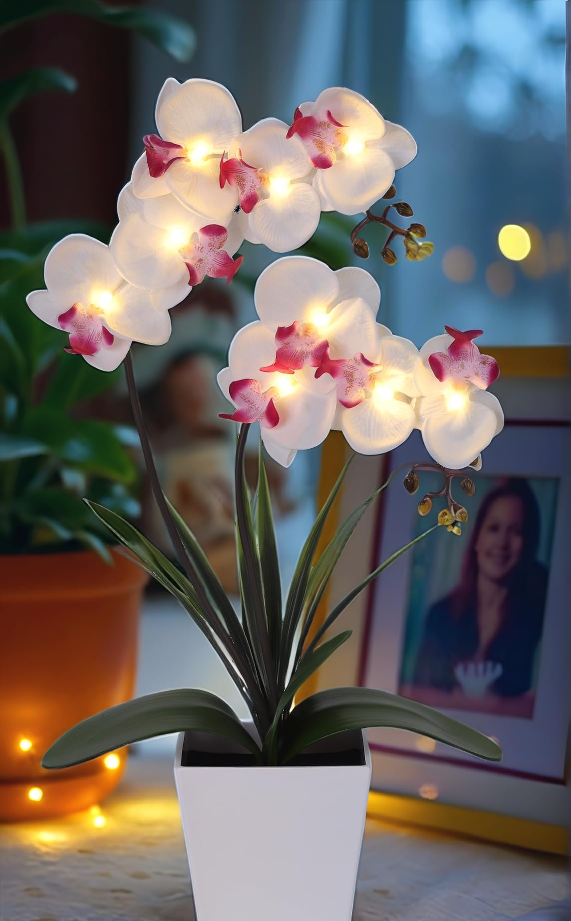 HOMESEASONS Orchid Lamp-LED Lighted Orchid Arrangements,Pre Lit Artificial Orchid,Light Up Flower Lights, Faux Orchid Phalaenopsis Arrangement (White)