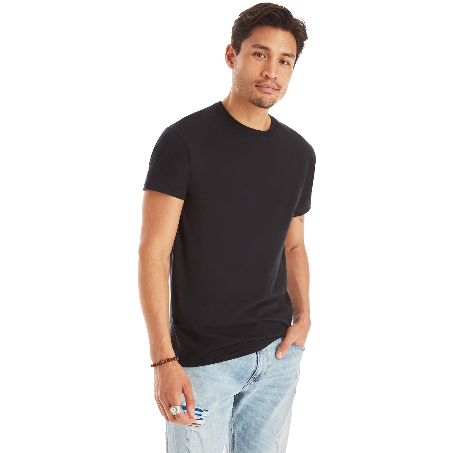 Hanes Mens Cotton, Moisture-wicking Crew Tee Undershirts, Multi-packs, Black/Grey/Blue Assorted - 6 Pack, Large US