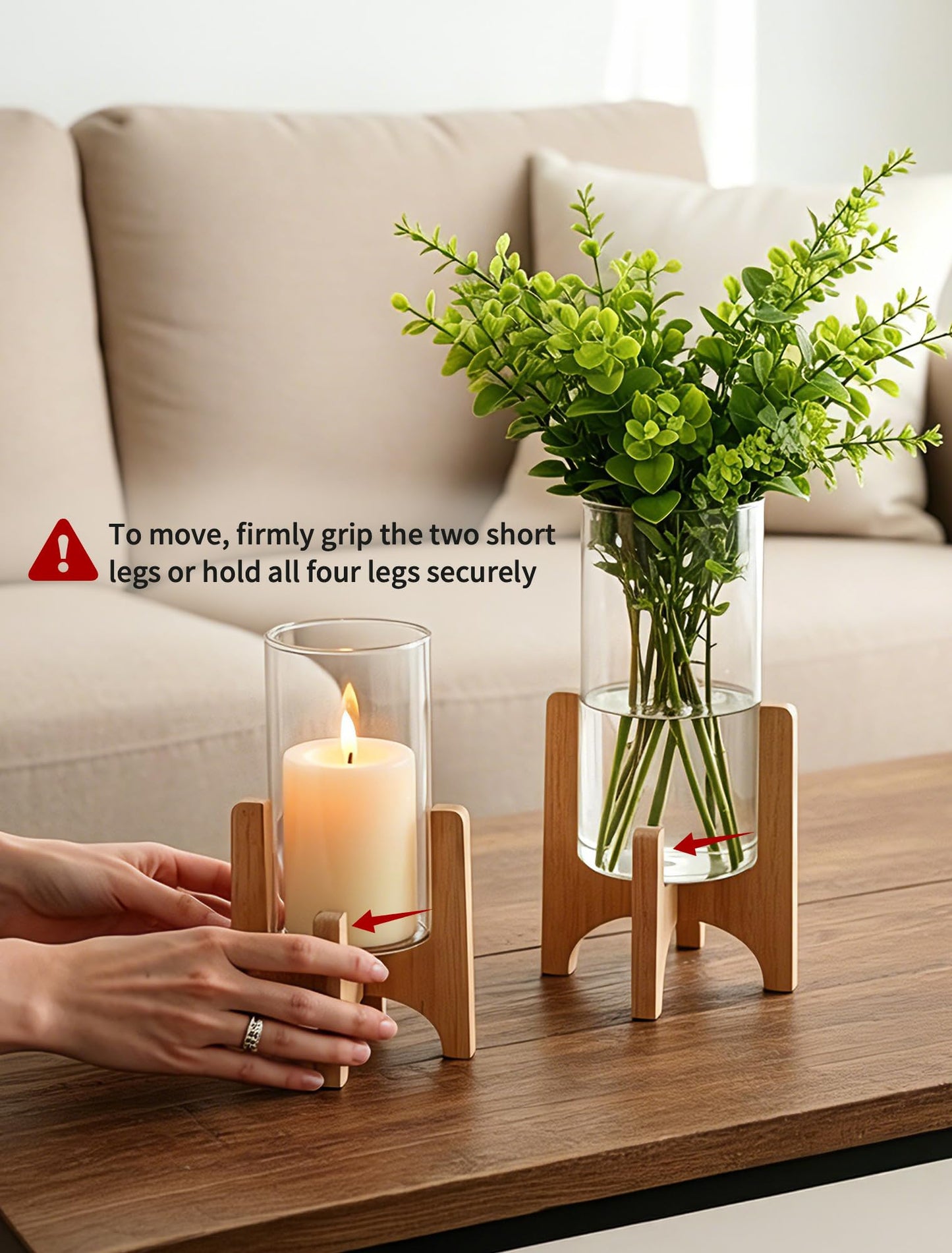 NUPTIO Hurricane Glass Candle Holders: Set of 2 Pillar Candle Holders with Wooden Stands - Mid Century Organic Modern Vases for Dining Table Centerpieces Decor