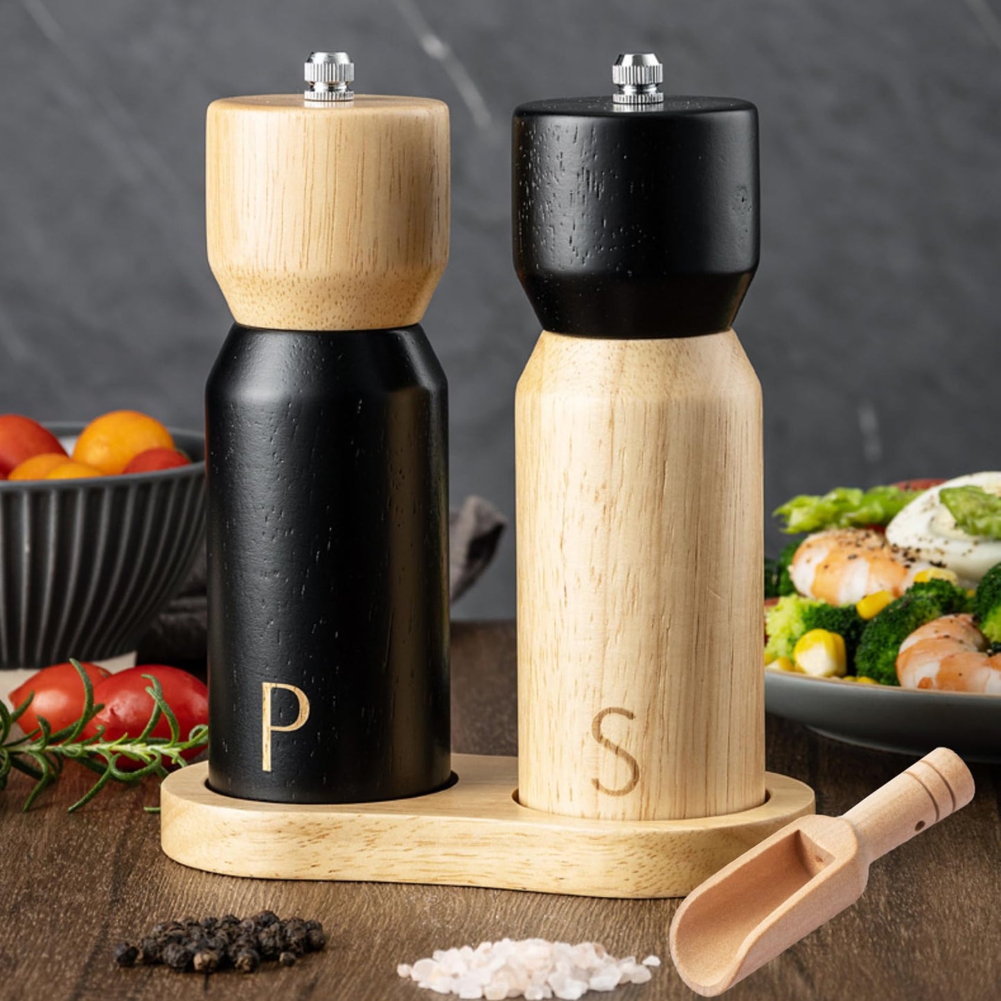 GCFTIFF Wooden Salt and Pepper Grinder Set, Refillable Salt & Pepper Mills Shakers,Manual Pepper Mill Made of Rubber Wood with Adjustable Ceramic Steel Core,with Wooden Stand & Spoon (2pcs 6.5 inches)