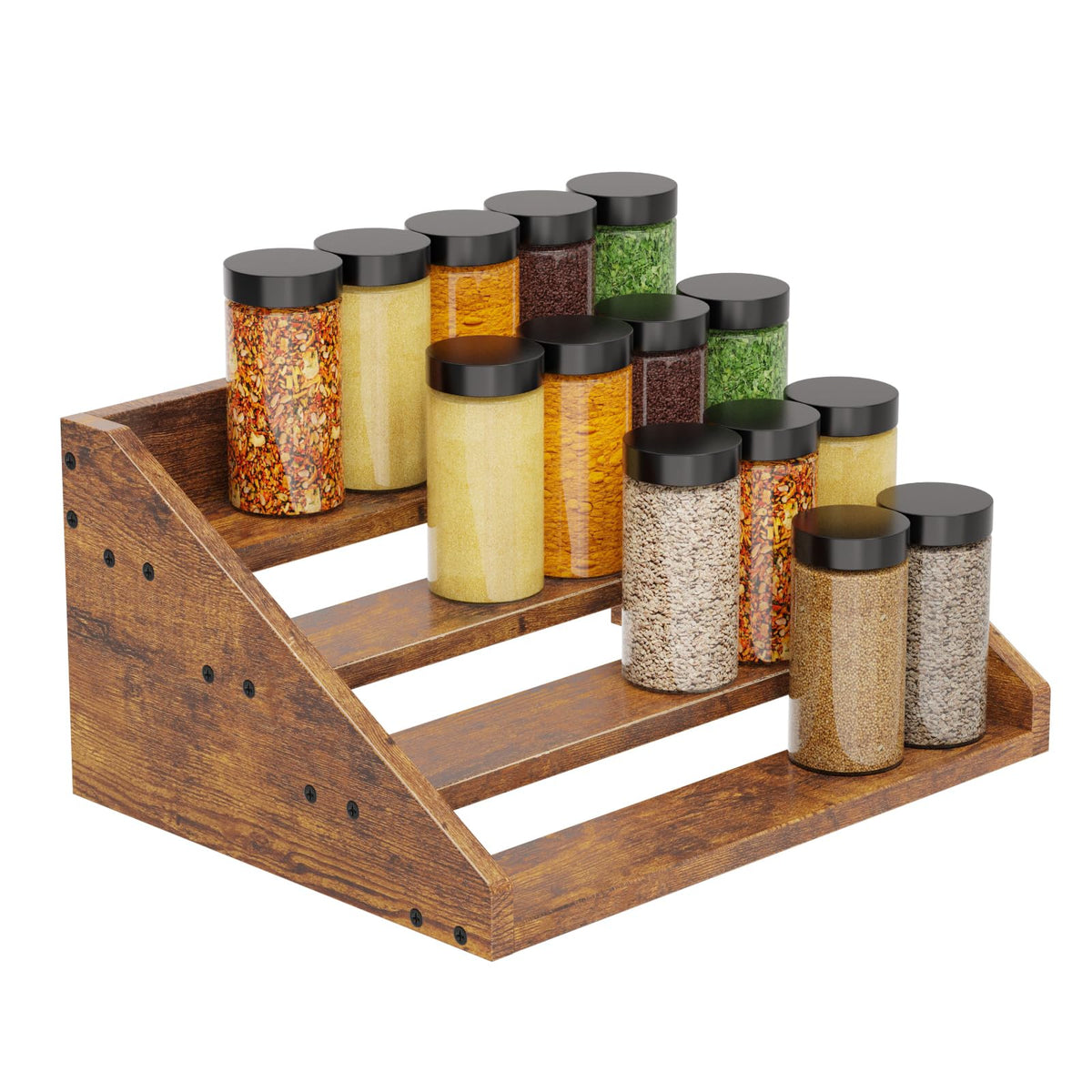 4 Tier Wood Spice Rack Organizer for Cabinet, Super Sturdy Display Riser Shelf Seasoning Organizer for Countertop Pantry Cupboard, Retro Storage Holder for Kitchen Condiment Jar Spice Container
