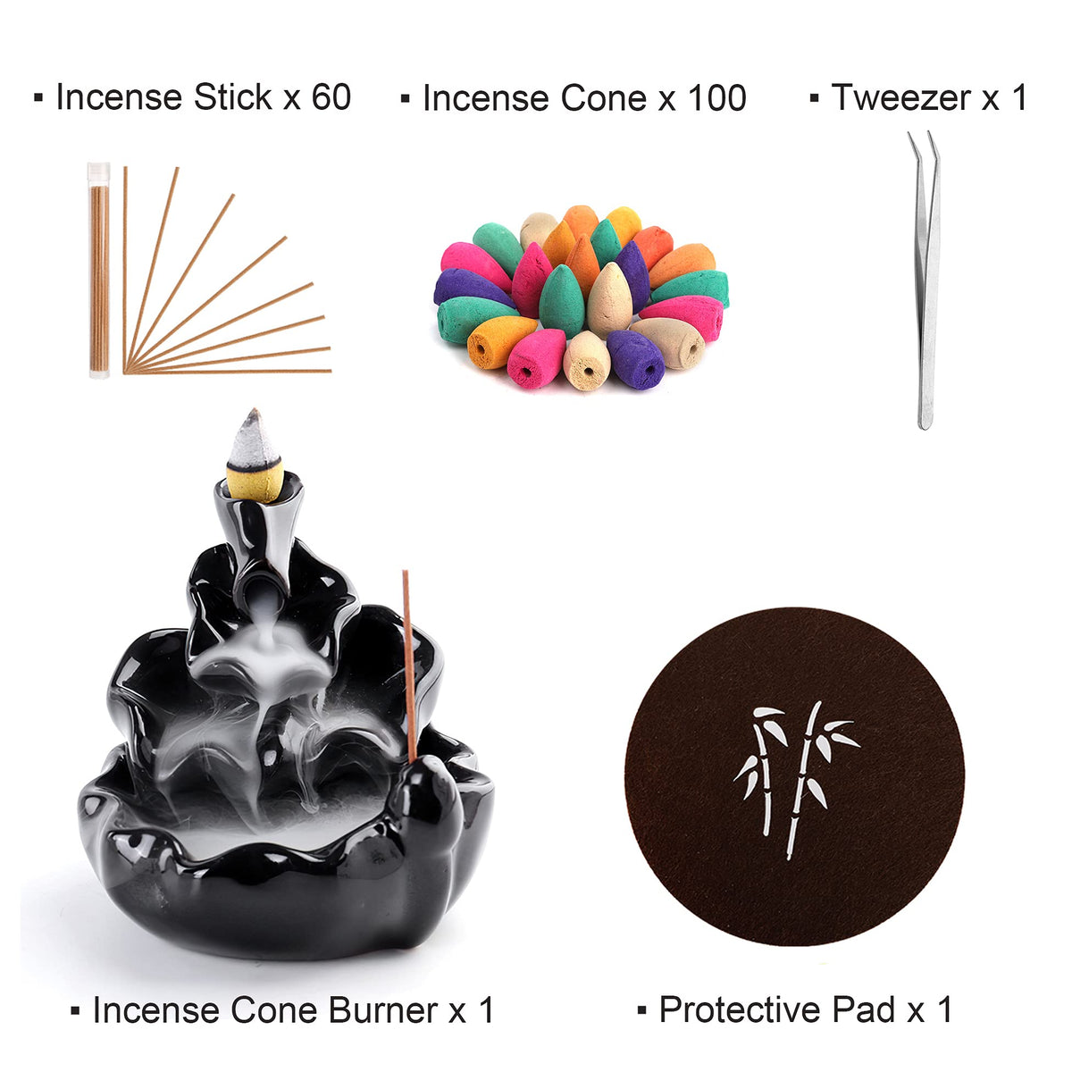 Kingrol Complete Backflow Incense Set: 1 Ceramic Cone Burner, Mat, Tweezer + 60 Sticks & 100 Backflow Cones for Zen Home Decor, Yoga, Meditation, Daily Relaxation