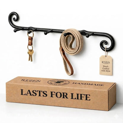RTZEN Farmhouse Small Key Holder for Wall - Handcrafted Swirl Decorative 5 Key Hooks for Home Entryway - Wrought Iron Wall Mount Rack Purse Coat and Leash Holder or Organizer (Classic Black)