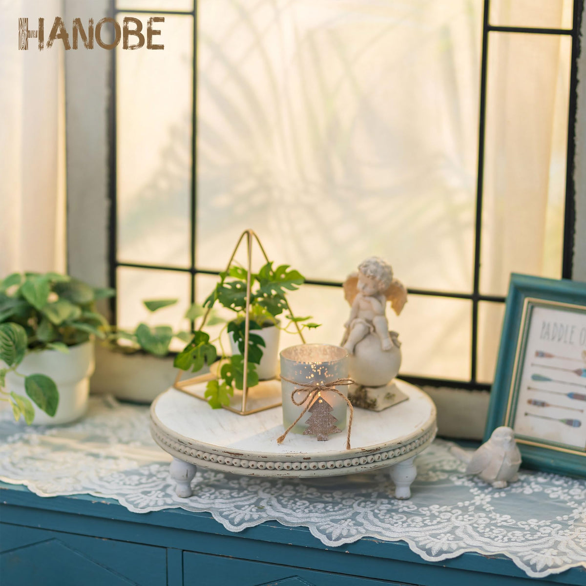 Hanobe Round Decorative Tray Stand: White Beaded Wood Pedestal Risers Farmhouse Circle Display Holder for Coffee Table Home Decor Kitchen Bathroom Counter