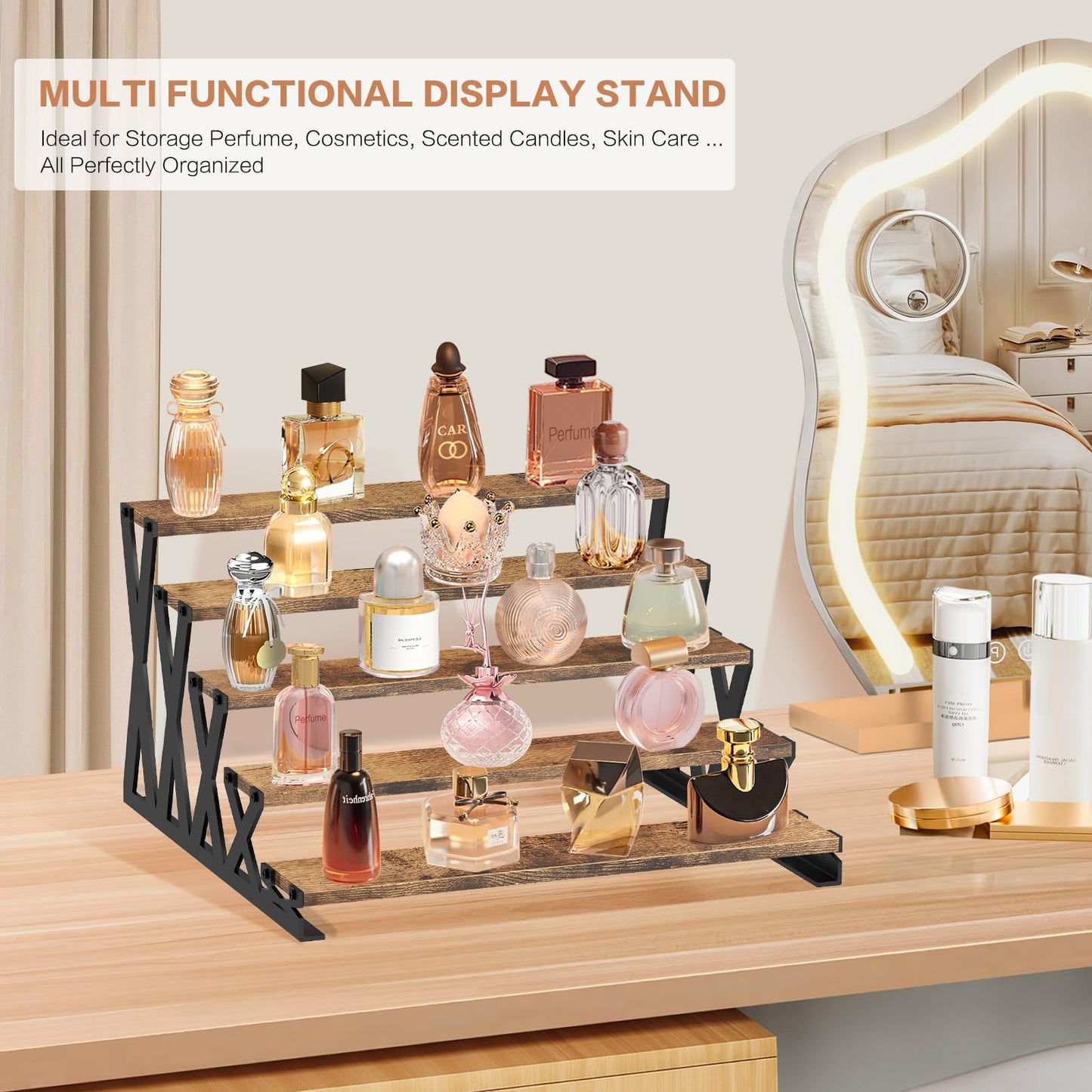 KALYLOC 5 Tier Wooden Display Riser Stand 13.8 Inch Metal Step Perfume Stand Organizer Tabletop Tiered Display Shelf Rack for Cologne Cupcake Spice Figures Cosmetics Candles (Brown, X-Shape)