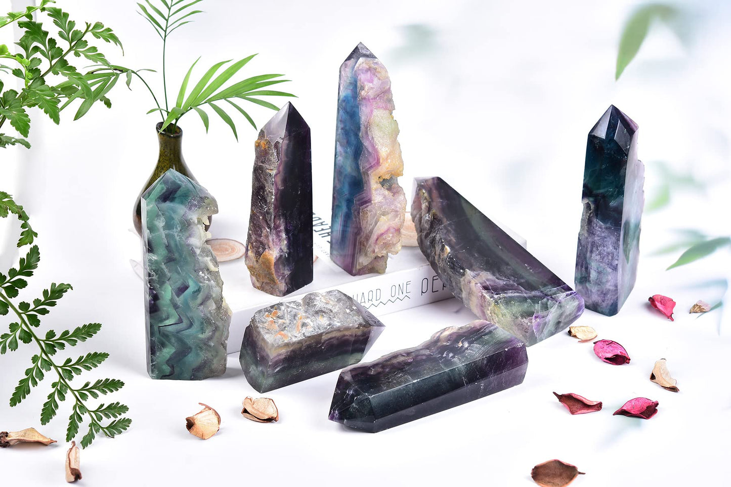 AMOYSTONE Decorative Quartz Obelisk Slab Pointed Natural Fluorite Slab Block Heavy 2-2.8 LBS, Crystal Lover Collection, Gifts, Home Décor