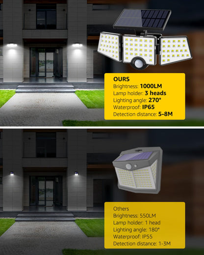 Lepro Solar Security Lights, 1000LM Solar Floodlights Motion Sensor with 360 Degree 3 Adjustable Heads, IP65 Waterproof, Wide Lighting Angle Solar Lights Outdoor for Yard Garage Pathway