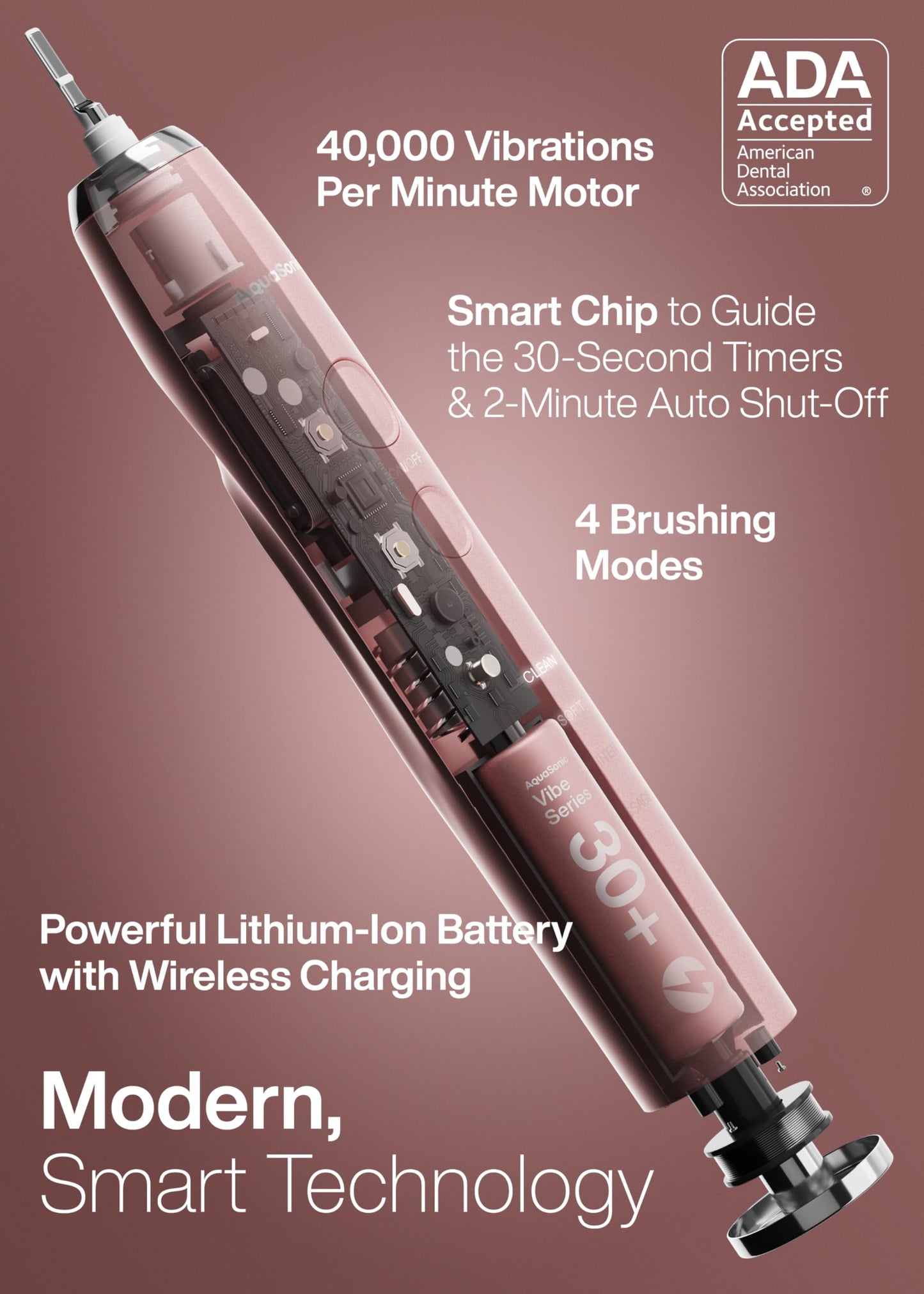Aquasonic Vibe Series Ultra Whitening Toothbrush ADA Accepted Electric Toothbrush - 8 Brush Heads & Travel Case - Ultra Sonic Motor & Wireless Charging - 4 Modes w Smart Timer Satin Rose Gold