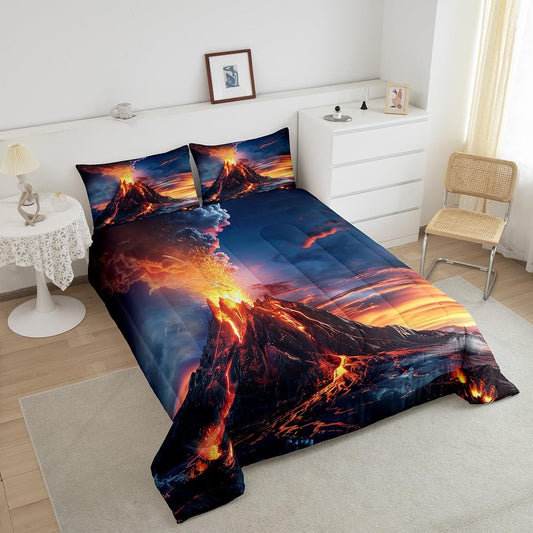 Manfei Volcano Queen Size Comforter Set 3 Pcs,Natural Disaster Volcano Eruption Flame Down Alternative Bedroom Decor,Watercolor Nature Sunset Sky Paint Ultra Soft Microfiber Inner Fill Comforter