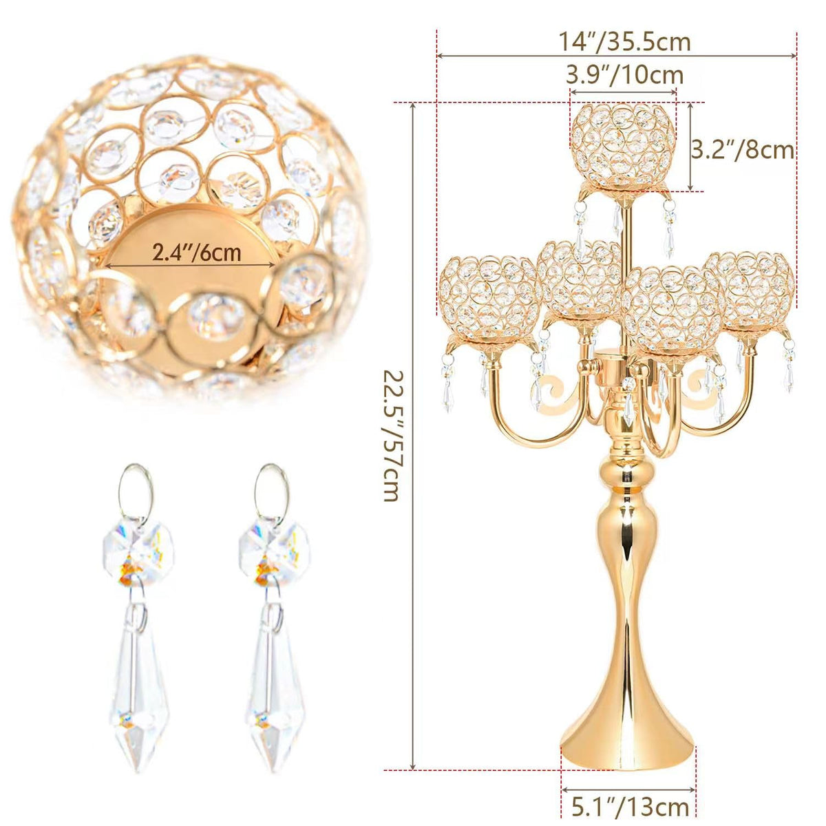 Kehail 5 Arm Gold Candle Holder 22.5 Inch Tall Crystal with Pendant, Romantic Home Decor Elegant Candlestick Holder for Dates Wedding Receptions Holiday Party Important Events