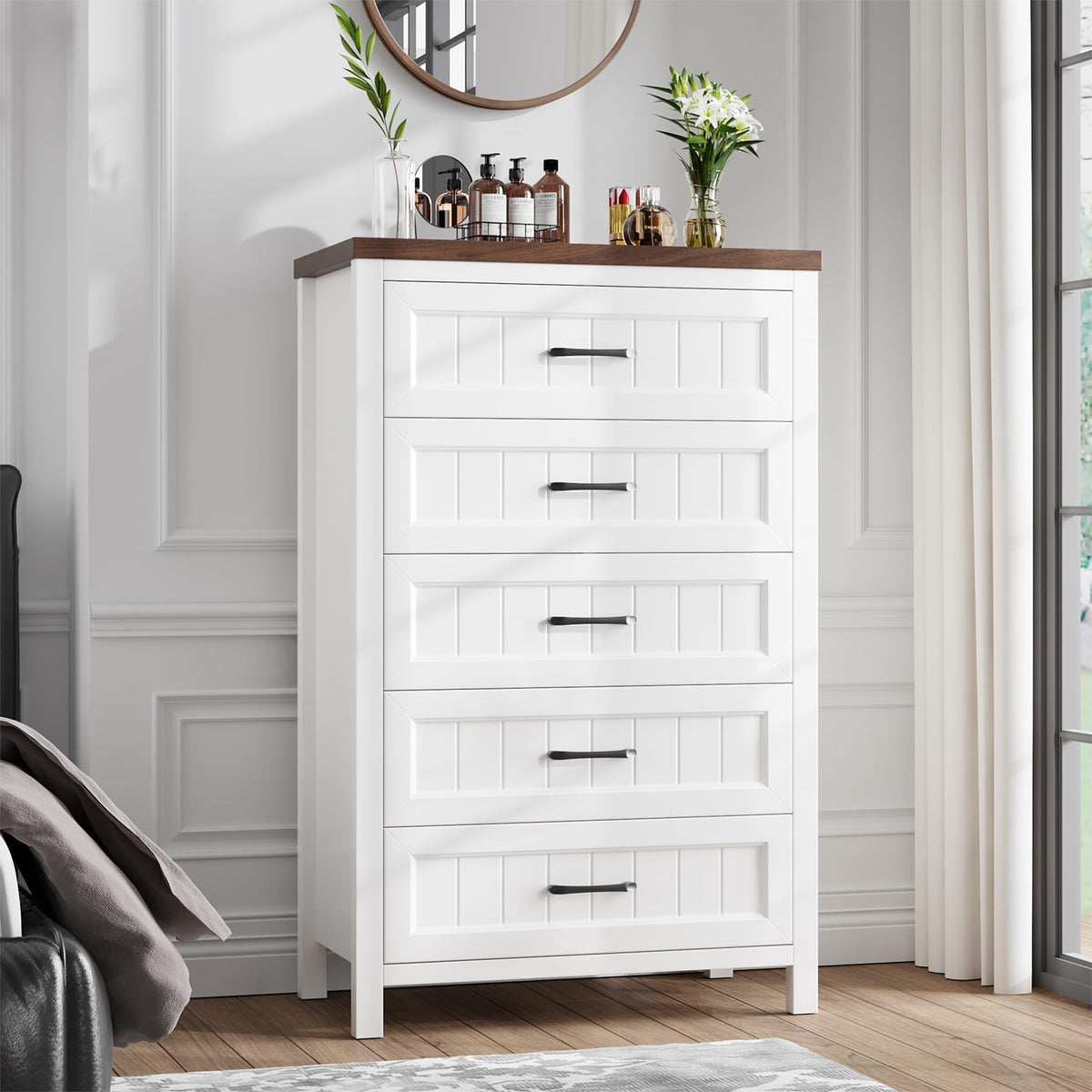 Jocoevol 5 Drawer Dresser for Bedroom - Farmhouse 44.9" Tall Chest of Dresser with Large Storage, Rubst Wood Construction for Living Room, Hallway & Entryway - White (White & Brown)