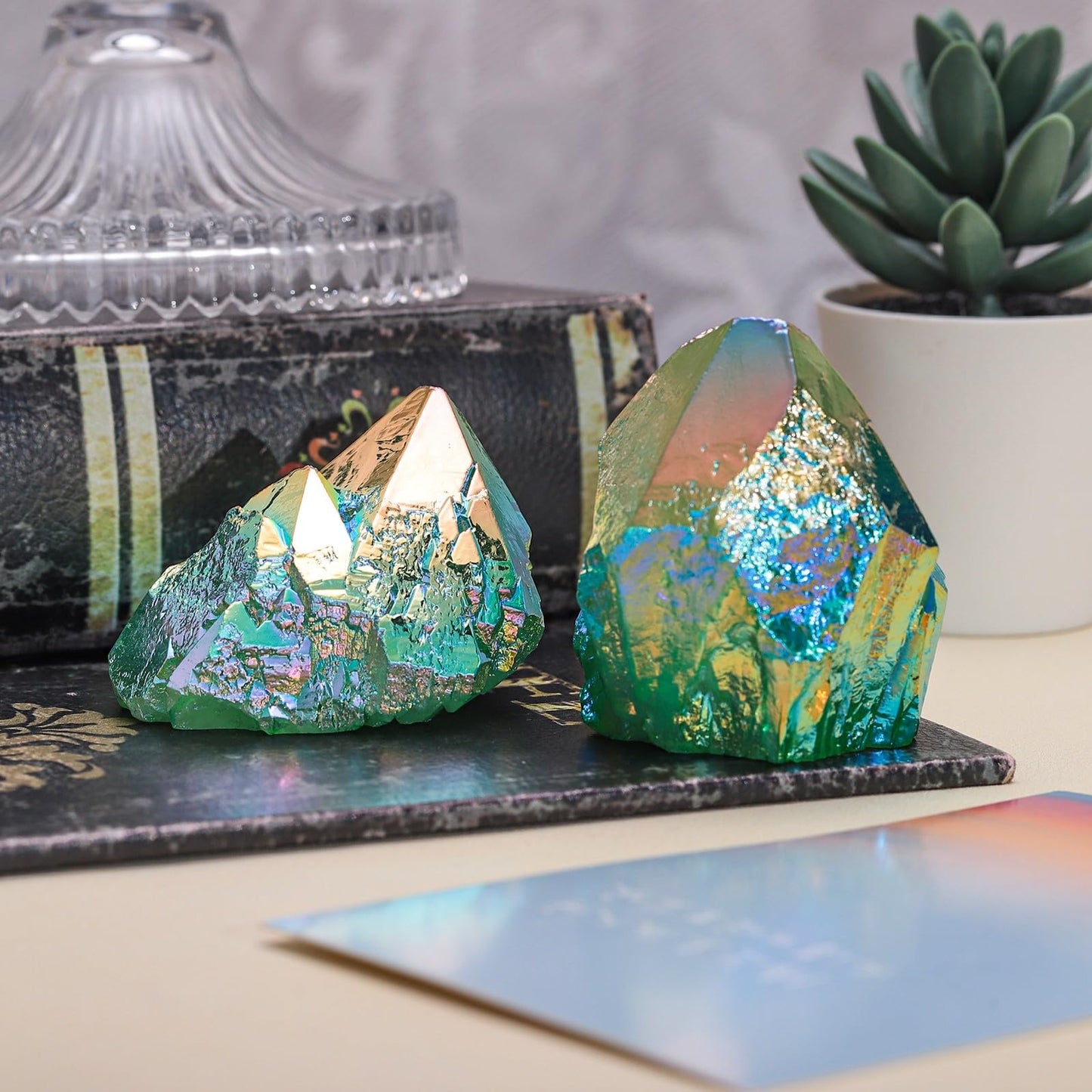 SUNYIK Green AB Titanium Coated Rock Quartz Cluster Irregular Crystal Geode Stone Specimen Decor for Home Office Meditation, 1.6-3"