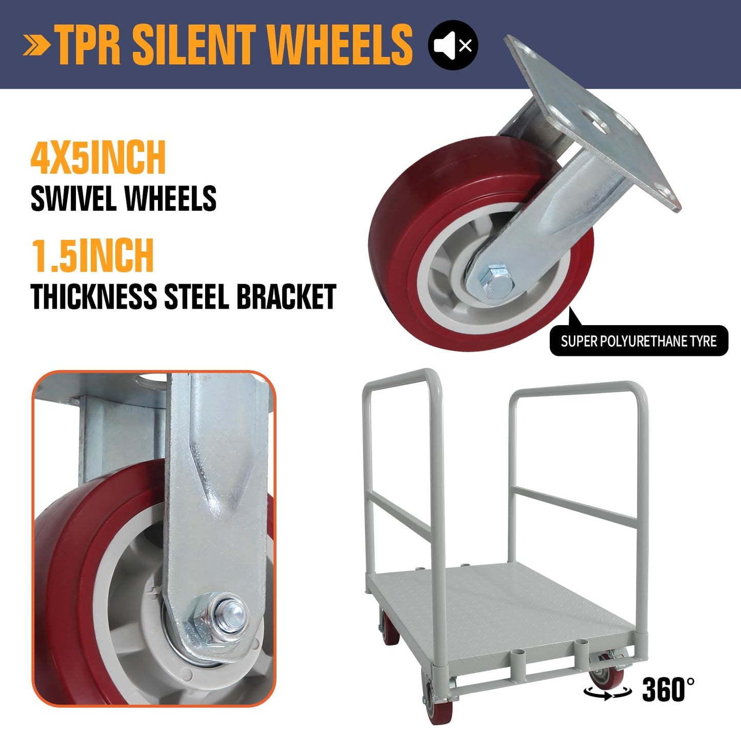 Steel Panel Truck Cart, Platform Truck, Heavy Duty Lumber Drywall Dolly, Flatbed with 2500 Lbs Capacity and 4 Swivel Casters, 36x24inch Steel Board with 1Front and 2Side Handrails