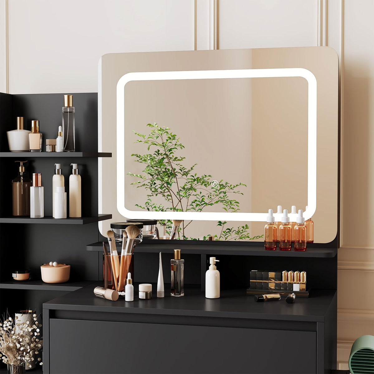 Vanity Desk with Mirror and Lights - 36" Vanity Table Set with 4 Drawers, Power Outlet, USB Ports, Stool, Dressing Table with 3 Lighting Color Adjustable for Bedroom, Women,