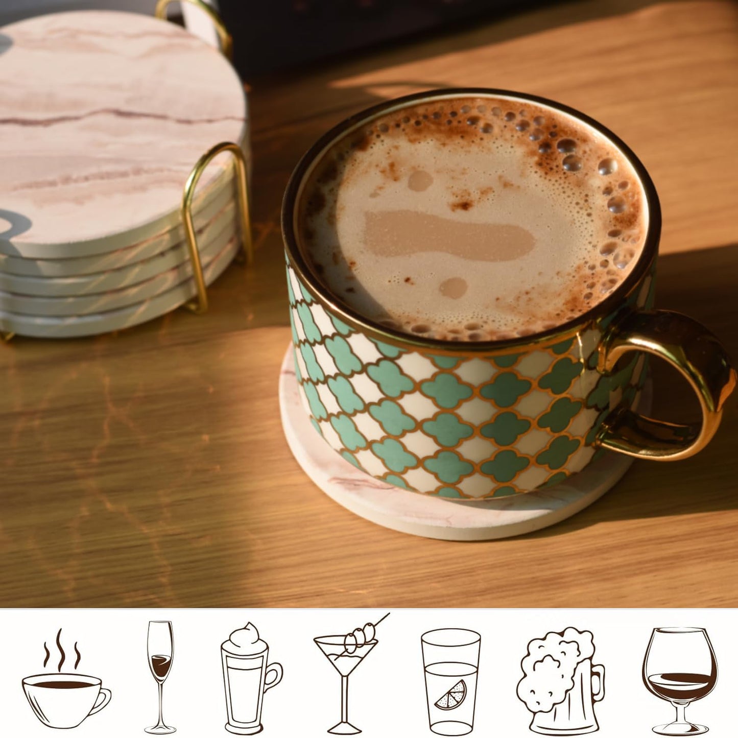 6Pcs Drink Coasters with Holder, Round Marble Style Ceramic Drink Coaster, Absorbent Coaster Set for Home Decor Tabletop Protection, Suitable for Kinds of Cups, Housewarming Gift, 4 Inches