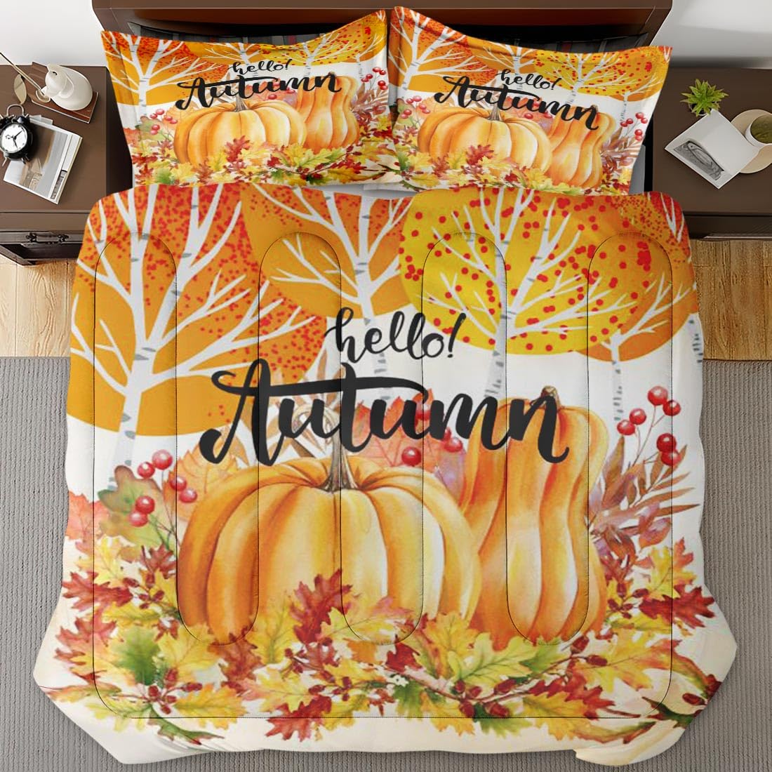 Nesphy Fall Pumpkin Botanical King Comforter Set, Autumn Painting Yellow Bedding Set 3 Piece, All Season Soft Toddlers Children Adults Bedroom Bed Decoration Comforter and 2 Pillow Shams