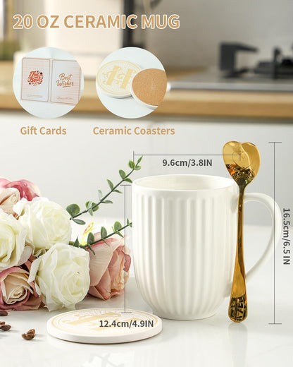 HASENSE Porcelain Coffee Mugs Set of 2, 20oz Large Ceramic Cups with Gift Box, Spoons & Coasters, Modern Ribbed Design - Valentine‘s Day Gift for Couples, Romantic Latte Cups for Wedding, White