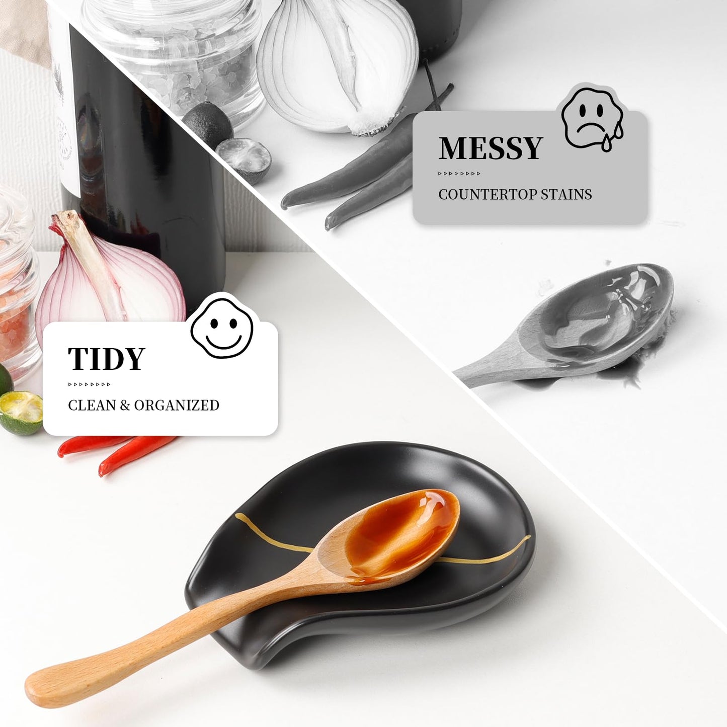 BosilunLife Black Ceramic Spoon Rest – Kintsugi Style Spoon Holder for Stove Top and Kitchen Countertop, Dishwasher Safe (Black)