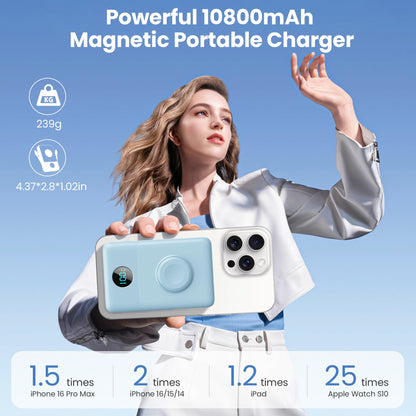 Magnetic Portable Charger 10800mAh for iPhone with Built-in Cables, 6-in-1 Wireless Power Bank with iWatch Charger, LCD Display 25W PD Fast Charging Battery Pack for iPhone 16/15/14/13/12, Apple Watch
