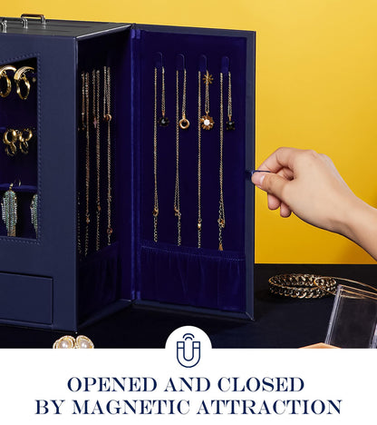 Homde Jewelry Organizer with Transparent Window Necklace Hooks Gift for Women Jewelry Box Display Case for Necklaces Rings Earrings Bracelets and Other Accessories (Dark Blue)