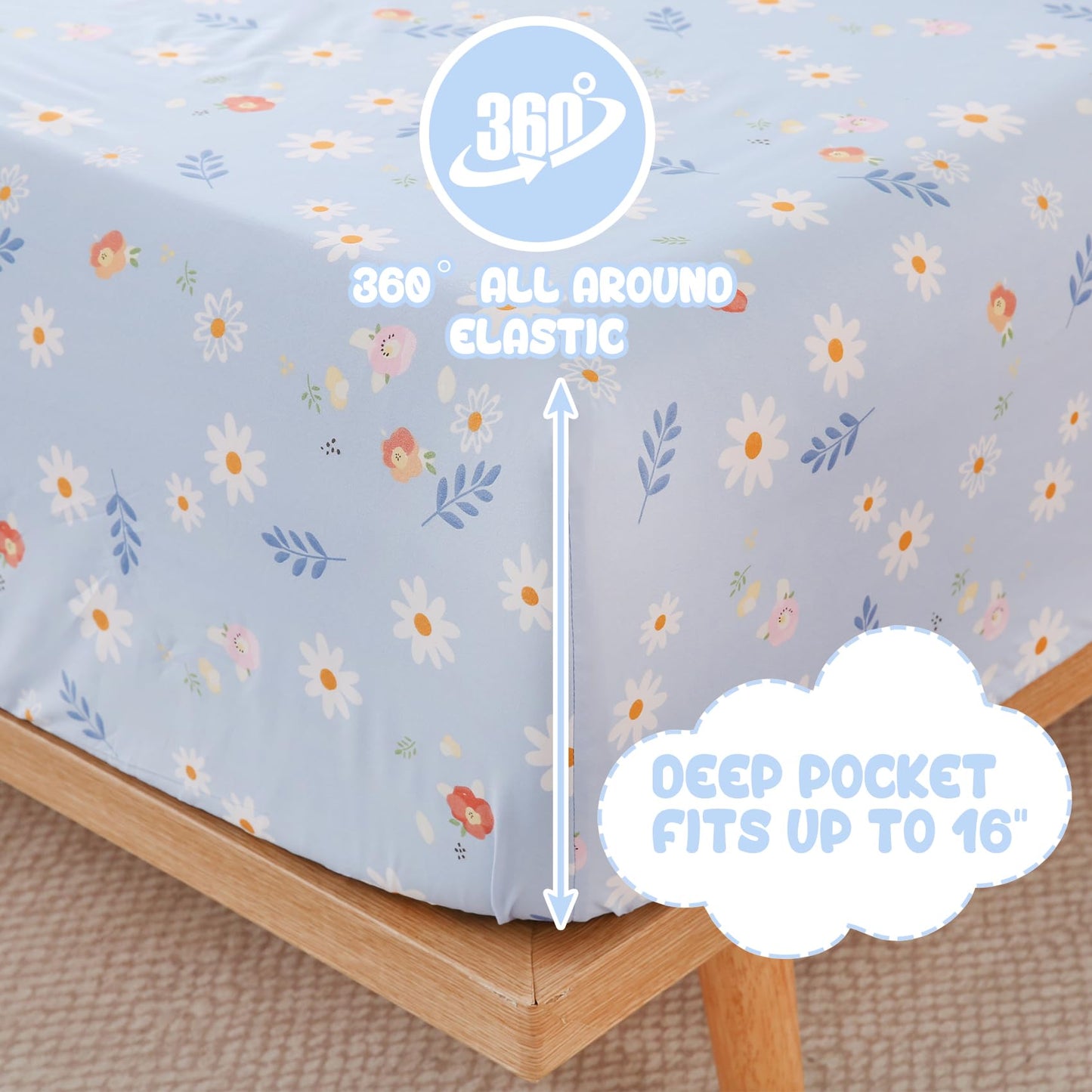 Yibeizi Blue Floral Strawberry Sheet Set for Girls, Full Size Kids Cute Daisy Flower Patterned Bedsheet Microfiber Deep Pocket Bedding Sheets & Pillowcases 4 Pieces