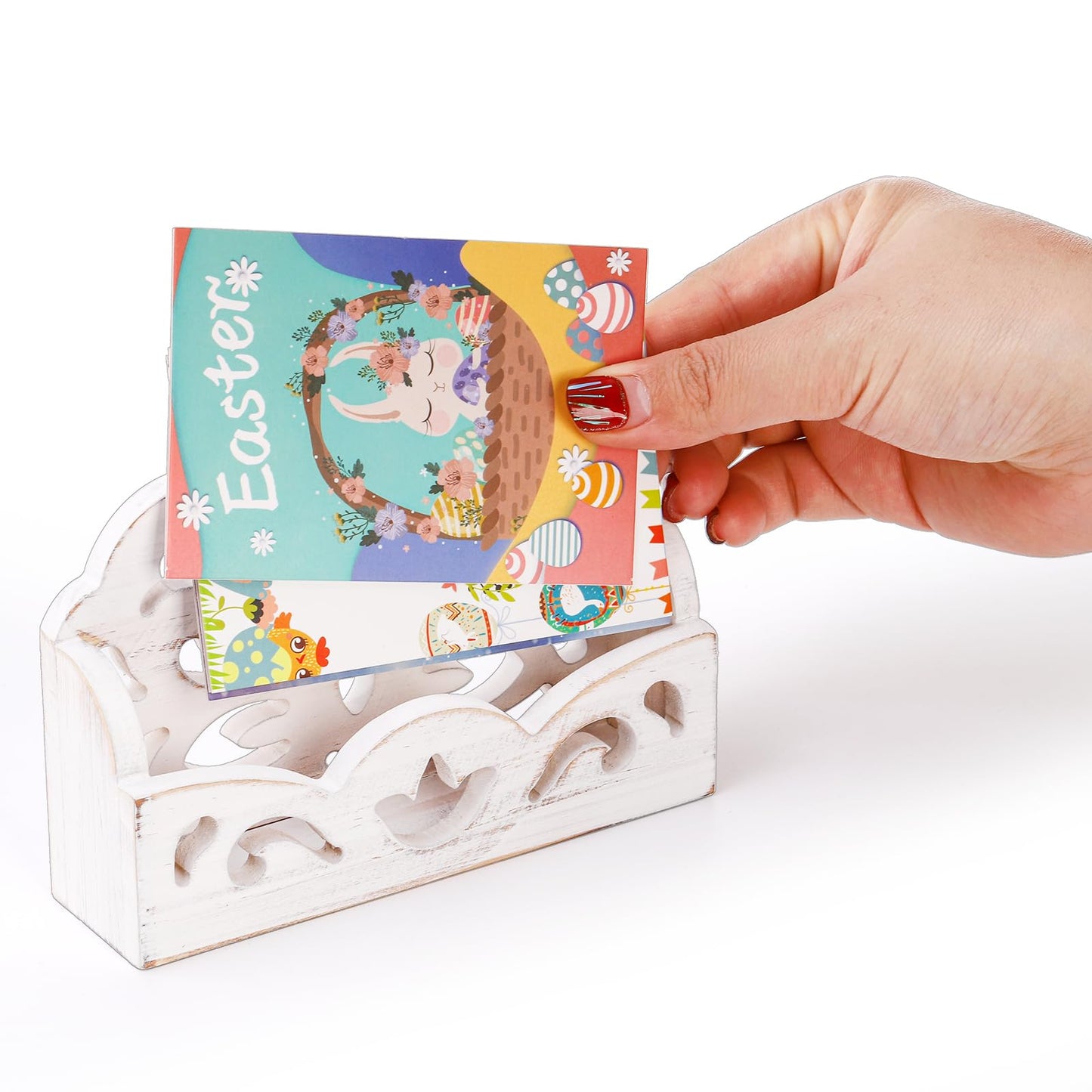 yarlung 2 Pack Vintage Business Card Holder, Shabby Chic White Greeting Card Display Stand, Wooden Open Name Cards Holder for Desktop, Office Trade Receptions, Hollowed Design