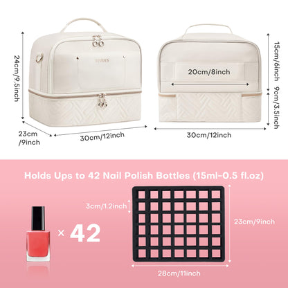 Leudes Nail Polish Organizer and Storage Holder 42 Bottles&Manicure Kit &Nail Lamp,Nail Stuff Bag Organizer Travel Case for Nail Tech Supplies Accessories Manicure Tools (Beige)