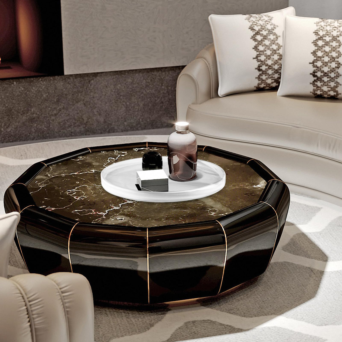 Sanbege 12" Large Ceramic Vanity Tray, Circle Perfume Plate Organizer, Jewelry Holder Dish, Non Slip Decorative Tray for Bathroom, Bedroom, Kitchen, Coffee Table (Marble Grey)