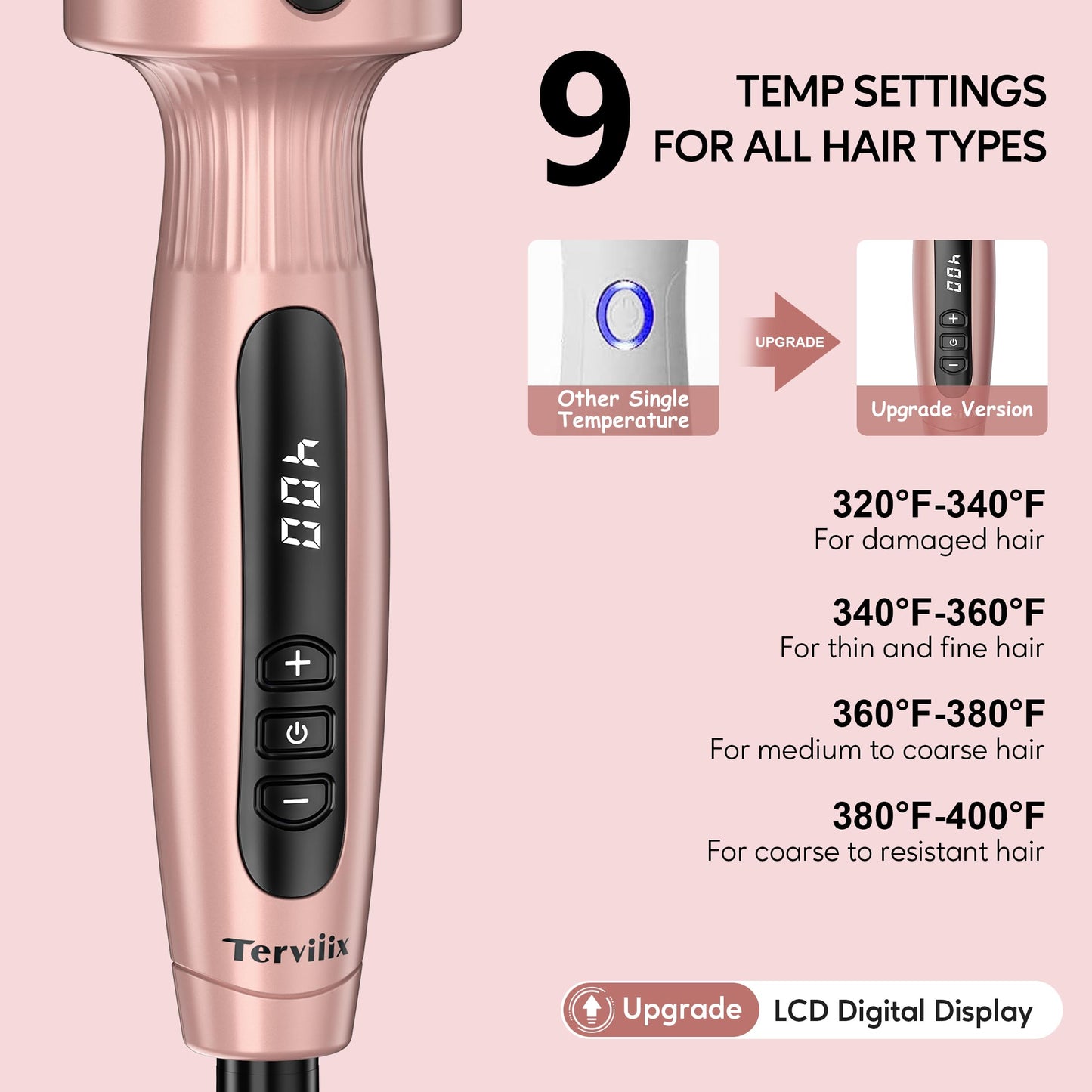 Terviiix Thermal Brush Get Voluminous Style, Quick Heating Hot Brush, Ceramic Tourmaline Ionic Heated Curling Iron, Digital Display 9 Temperatures Curling Wand, Dual Voltage, 1.5 Inch