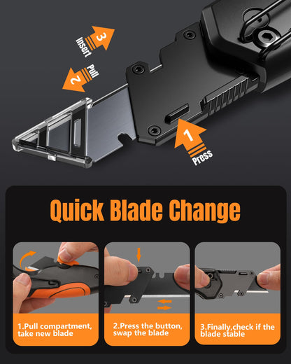 VOTREK 4-in-1 Multitool Folding Utility Knife Box Cutter, Pocket Knives with Belt Clip, Quick-Change Razor Knife with Blade Storage, Navajas para Trabajo,Fathers Day Dad Gifts, Extra 10 SK5 Blades