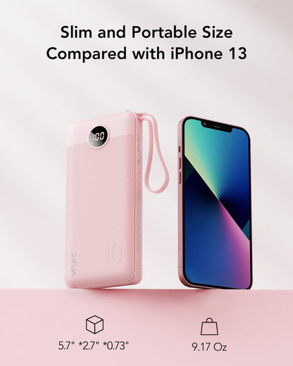 VRURC Portable Charger Power Bank, 10000mAh Travel Essentials Battery Pack, Compact Charging Bank Built-in Cables Cords Compatible with iPhone 17 Pro 17 16 15 14 13, Samsung Phones-Pink(1 Pack)