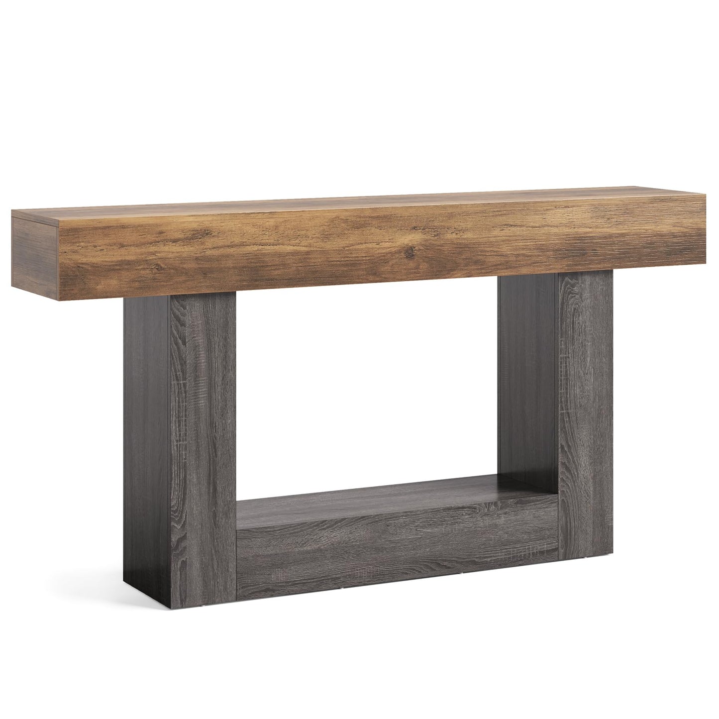 LITTLE TREE 63 Inches Long Console Table, 2-Tier Farmhouse Sofa Table Behind Couch, Large Narrow Entryway Table for Living Room, Wooden Hallway Foyer Table with Heavy Duty Base, Rustic Brown and Grey