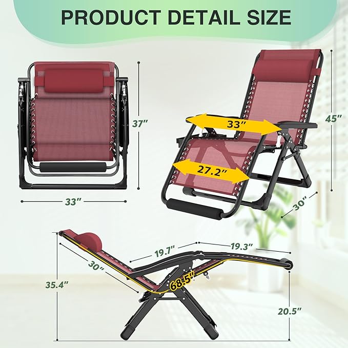Suteck Oversized Zero Gravity Chair,33In XXL Outdoor Recliner Chair w/Removable Cushion&Headrest, Camping Lounge Chair w/Upgraded Lock&Footrest, Reclining Patio Chairs for Indoor Outdoor,500LBS