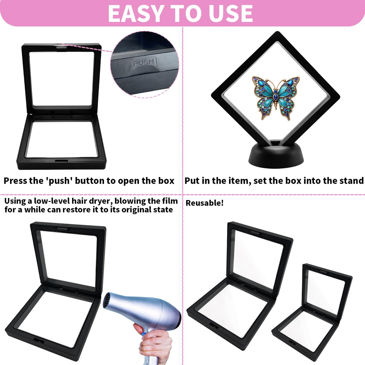 3D Floating Frame Display Cases, 20Pcs Transparent PE Film Jewelry Storage Box with Base Challenge Coin Display Frames Holder Stands Small Shadow Box Frame for AA Medallions Medal, Rock, Ring Necklace
